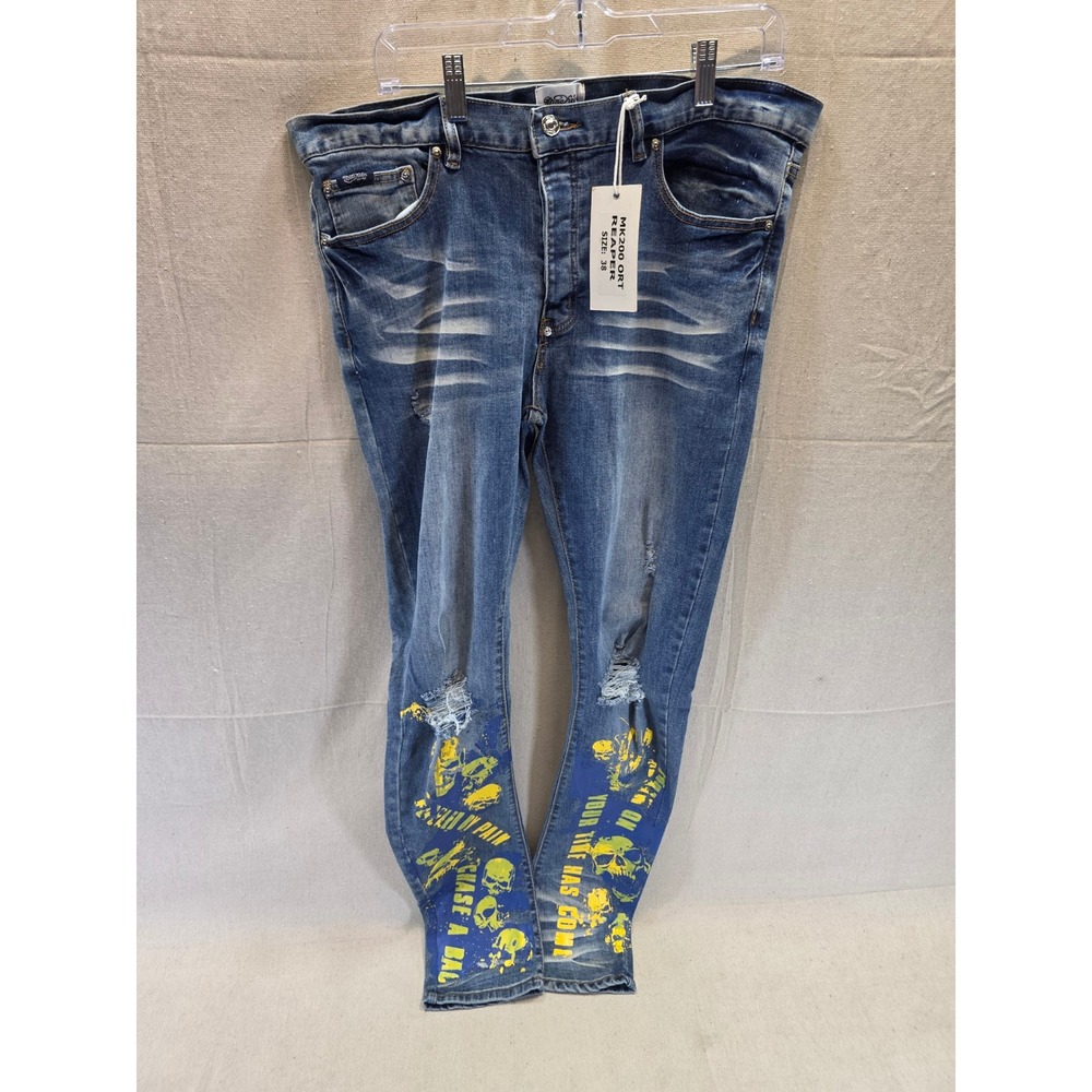 Mackeen Market Reaper MK200 ORT Mens Skinny Jeans Blue Distressed Skull Print 38